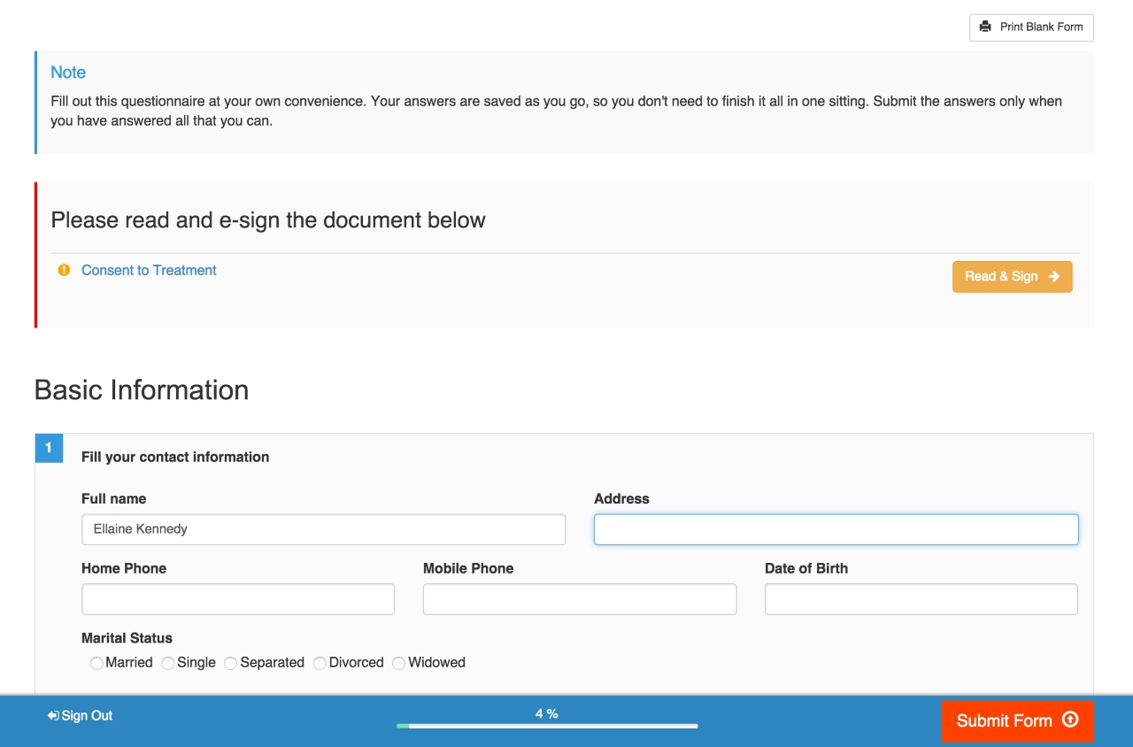 Intake form example